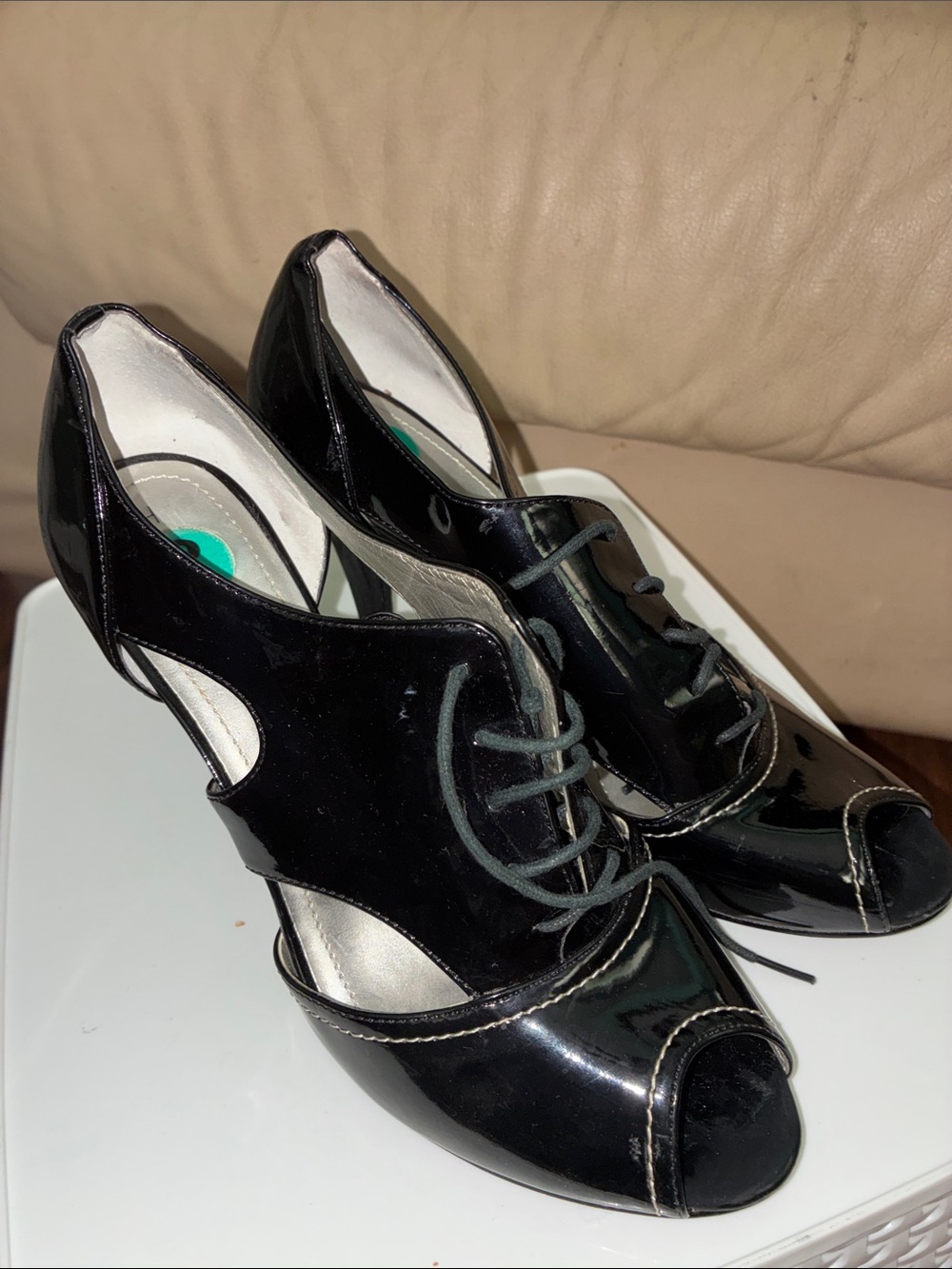 Tahari Black Patent Peep-Toe Lace-Up Women's Heels
